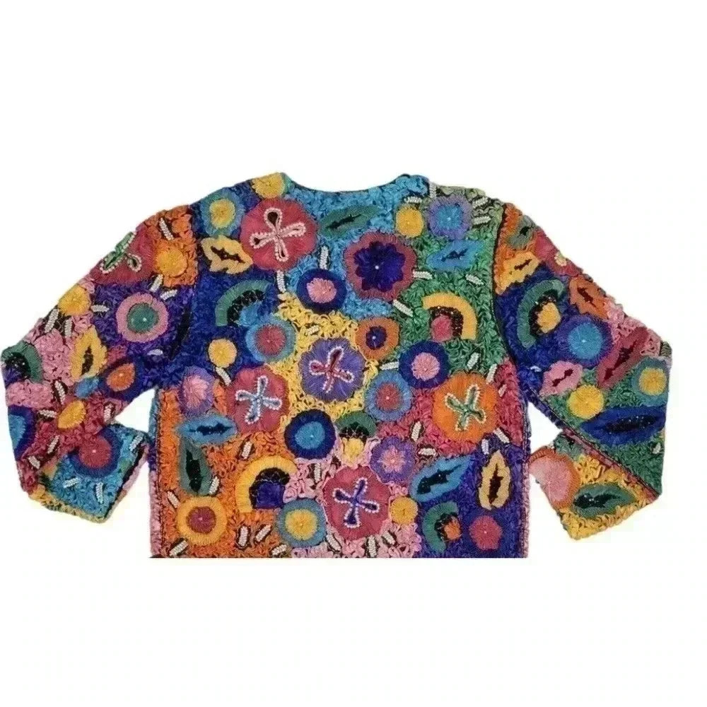 Vintage Cache Silk Ribbon Boxy Bolero Jacket 90s Bead Embellished Flower Rainbow - Picture 3 of 14